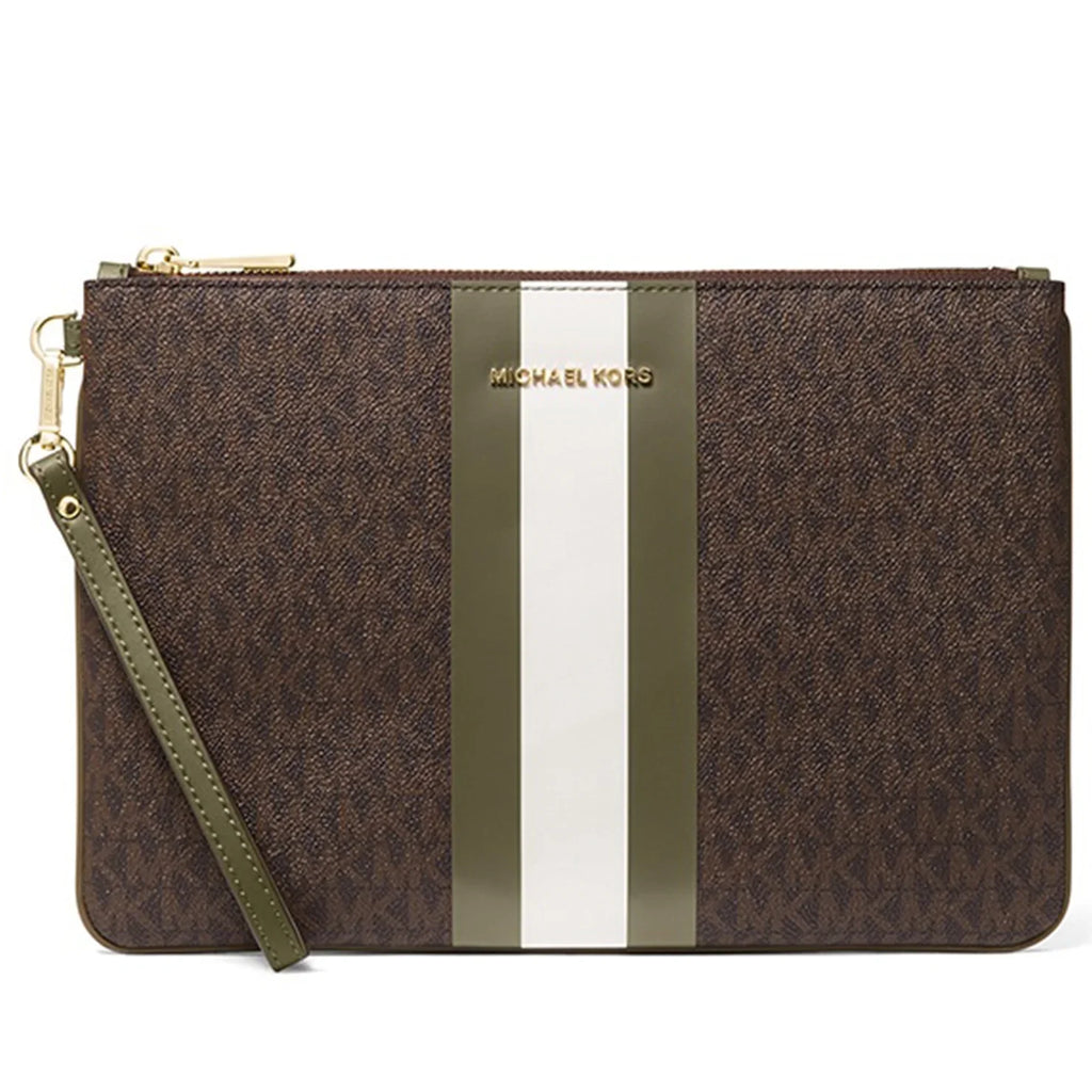 Michael Kors Women's Jet Set Large Logo Print Canvas Zip Pouch Wristlet (Brown / Olive)