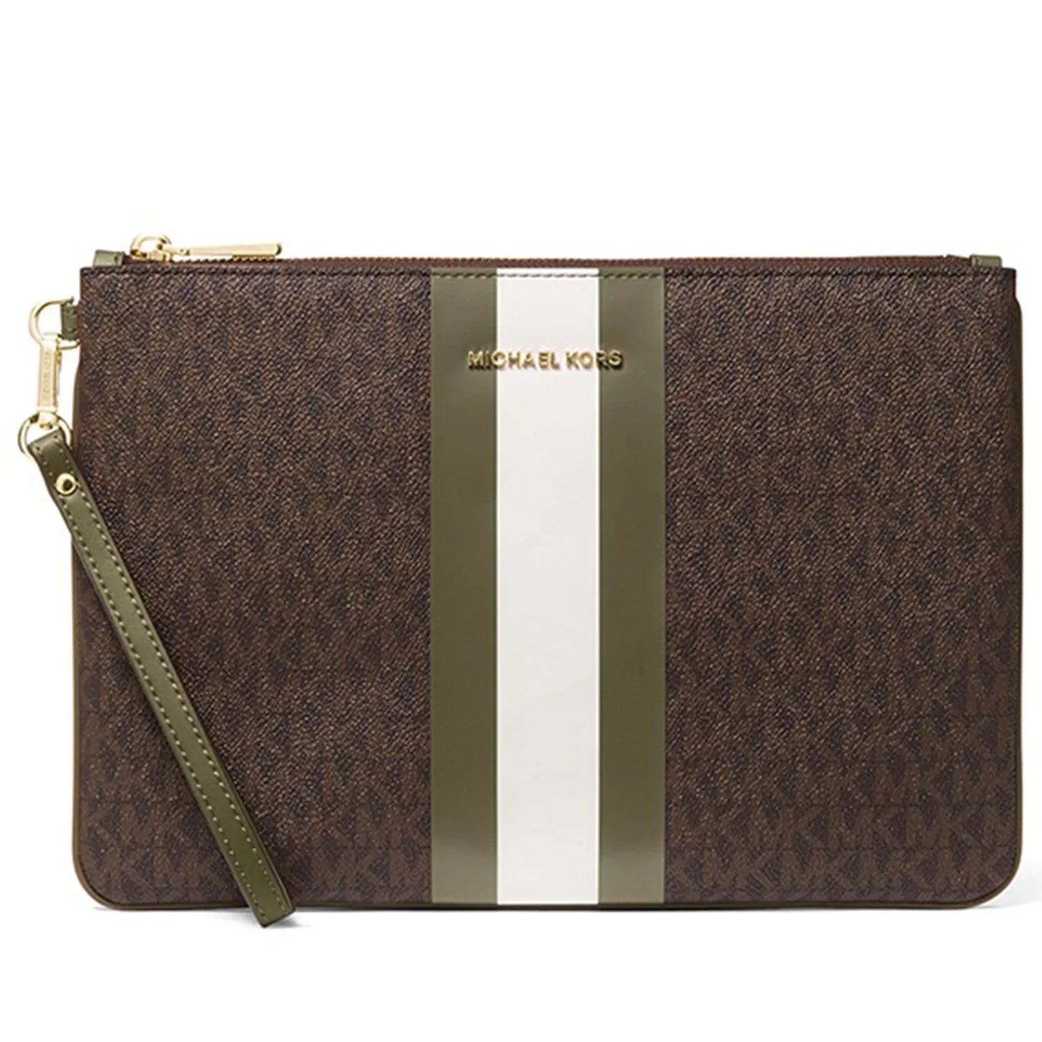 Michael Kors Women's Jet Set Large Logo Print Canvas Zip Pouch Wristlet (Brown / Olive)