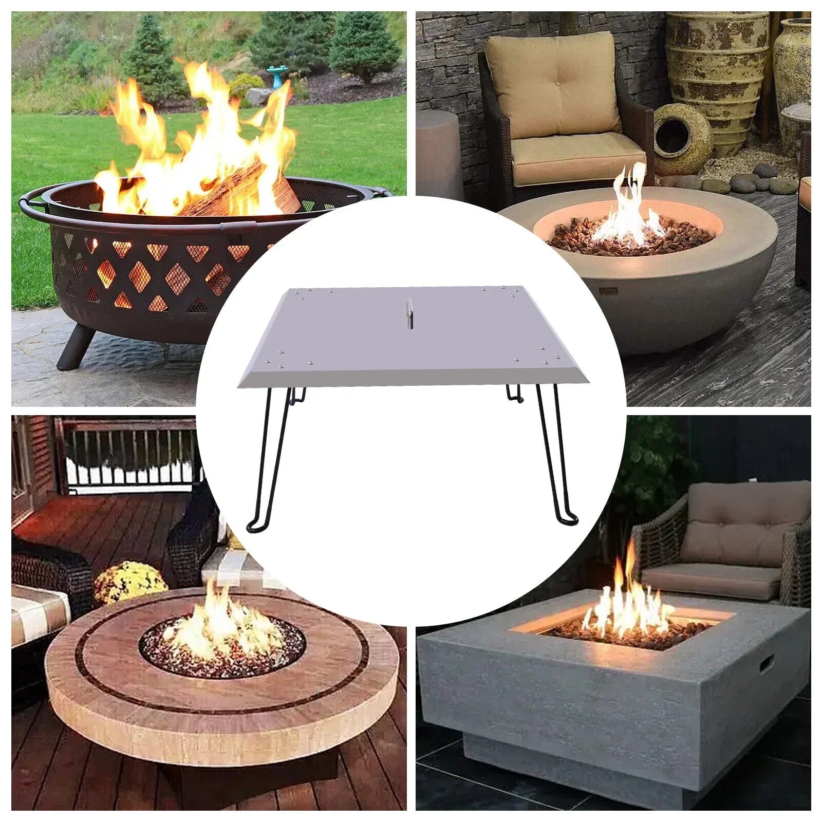 Miumaeov Square Fire Pit Burner Cover to Push Heat Down and Out Fire Pit Heat Deflector 24*24in with Foldable Legs Stainless Steel