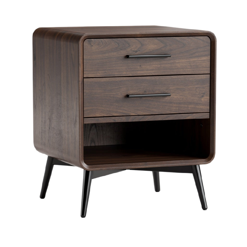 Mid-Century Modern Wood Nightstand with Two Drawers and Open Shelf