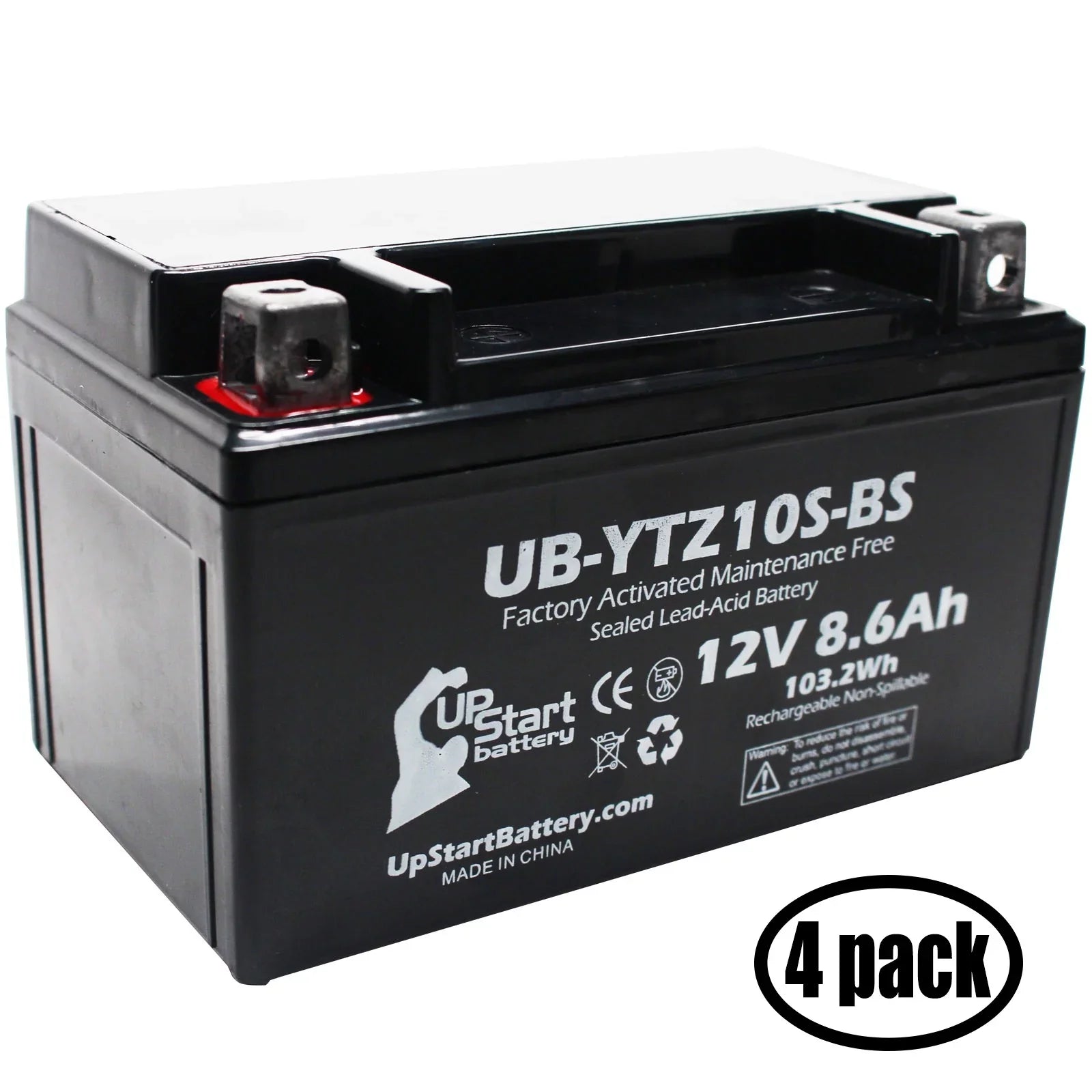 4-Pack UpStart Battery Replacement for 2010 Yamaha YZF-R1 1000CC Factory Activated, Maintenance Free, Motorcycle Battery - 12V, 8.6Ah, UB-YTZ10S-BS