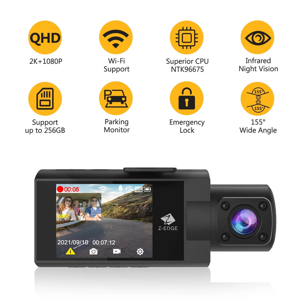 WiFi Dash Cam, Z-Edge New Version Z3Pro 2K+1080P Front and Inside Dual Dash Cam