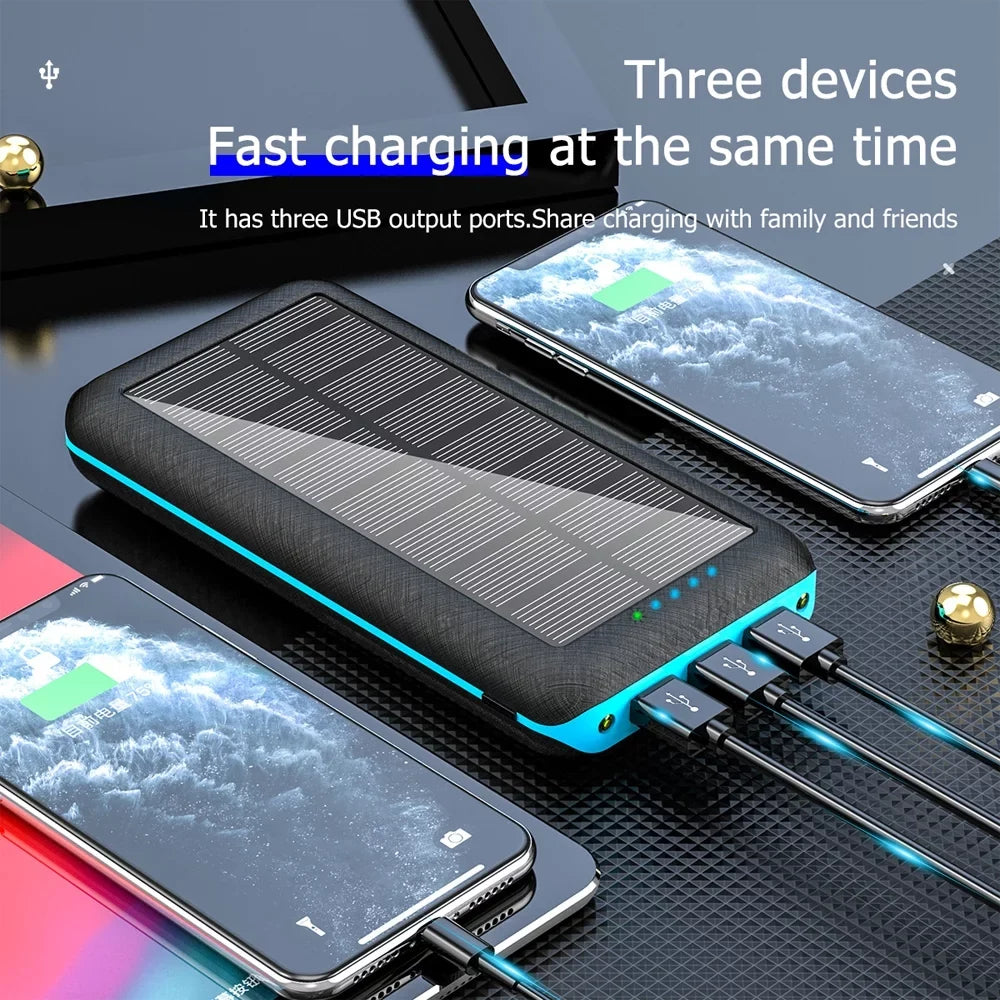 Ponyta Solar Power Bank 20000mAh Portable Charger 3 USB Large Capacity Mobile Power Supply with Dual LED Lights Xmas Decor