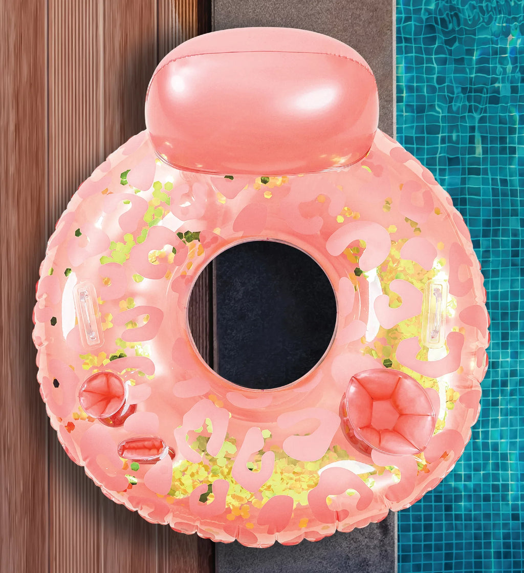 POZA Inflatable Luxury Tubes with Back Rest - Rose Gold, Gold, Silver Sparkle Confetti Filled Luxurious Lounger, Thick Pool Float Tubes, Built in Phone and Cup Holder with Handles, 42 Inch, Pack of 3