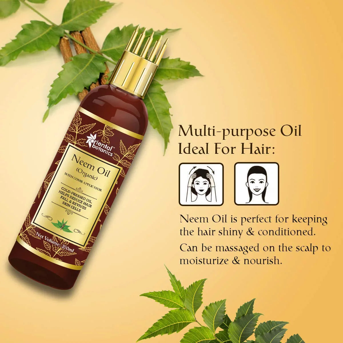 Oriental Botanics Organic Neem Oil 200ml for Hair and Skin Care - With Comb Applicator - Pure Oil with No Mineral Oil, Silicones