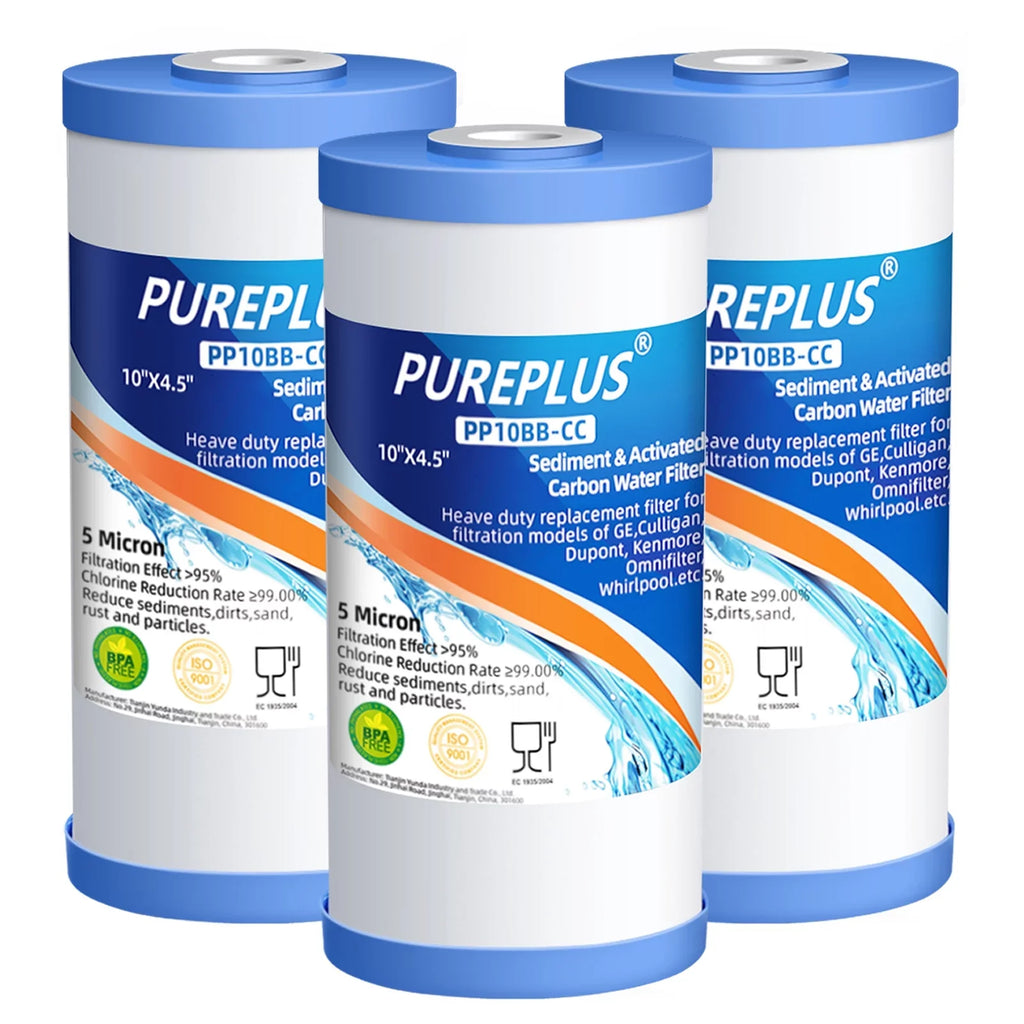 PUREPLUS 5 Micron 10 x 4.5 Whole House Sediment and Carbon Liquid Filter Cartridge Compatible with GE FXHTC GXWH40L GXWH35F GNWH38S Culligan RFC-BBSA WRC25HD PP10BB-CC Pentek RFC-BB 3Pack