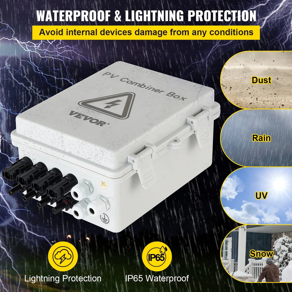 VEVOR PV Combiner Box, 4 String, Solar Combiner Box with 15a Rated Current Fuse, 63a Circuit Breaker, Lightning Arreste and Solar Connector, for On / Off Grid Solar Panel System, IP65 Liquid