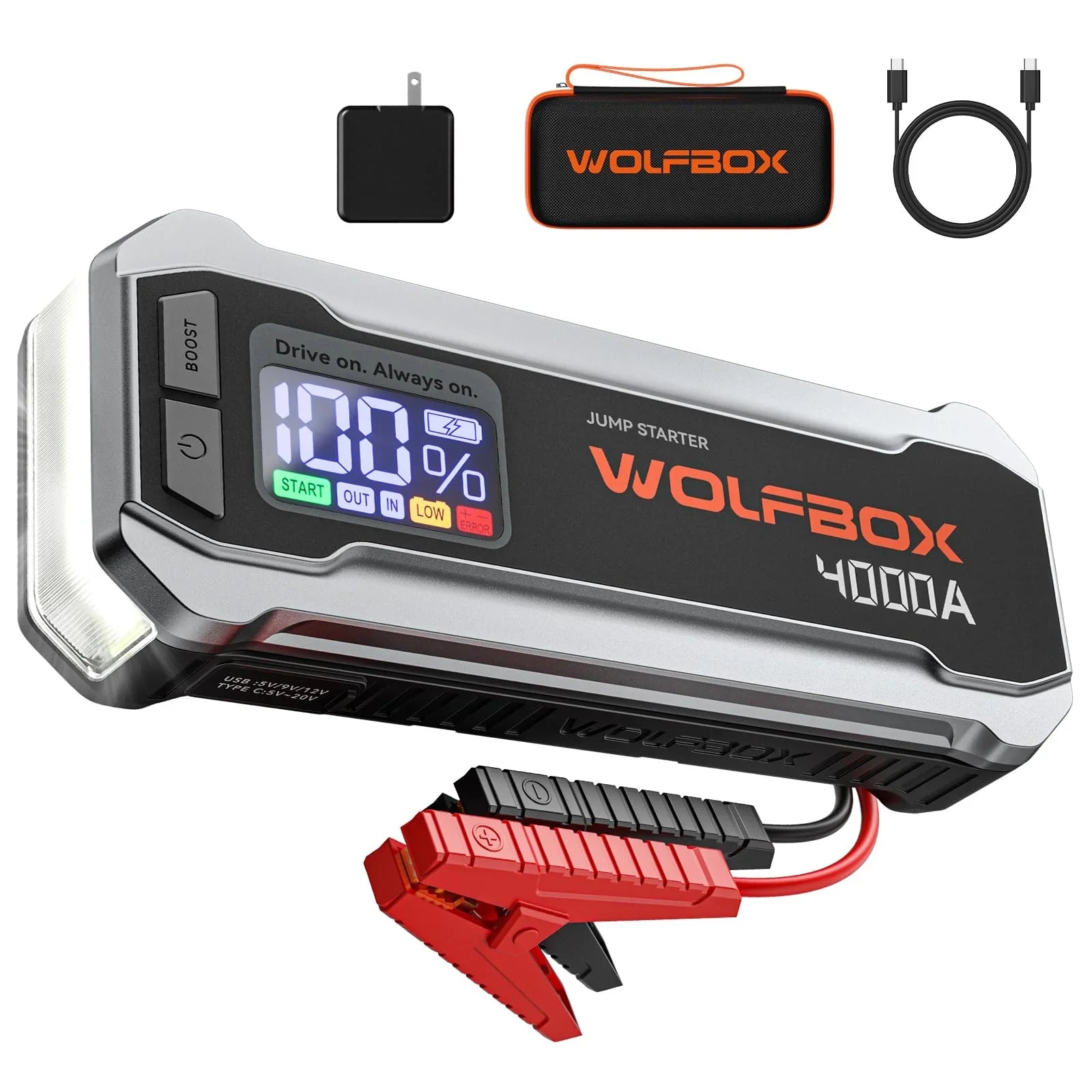 WOLFBOX 4000A 12V Car Battery Jump Starter(10L Gas 10L Diesel Engine) Powerful Car Jump Starter with 65W Quick Charger, Built-in LED Light, Jumper Cables, 24000mAh Portable Jump Starter Battery Pack