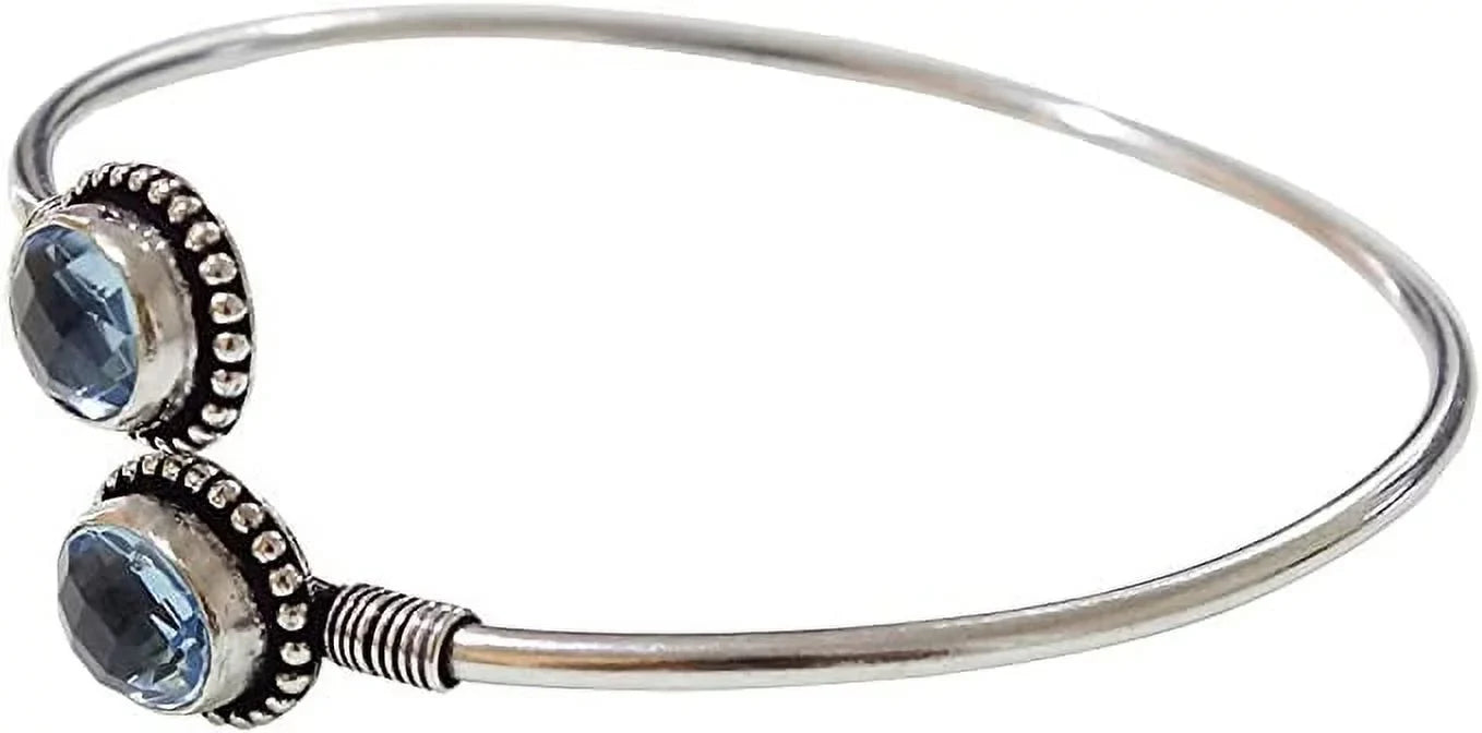 Blue Topaz Gemstone Adjustable Fashion Bracelet for Women, Ethnic Modern Design Silver Plated Cuff Bracelet, Handmade Designer Party Jewelry, November Birthstone