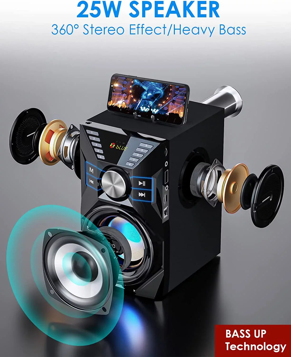 25W(35W Peak) Portable Bluetooth Speaker, Loud Party Wireless Speaker with 10W Subwoofer 6000mah Libattery LCD Display Light Mic AUX Remote Control U Disk TF Card, for Home Outdoor Pool Beach Camping