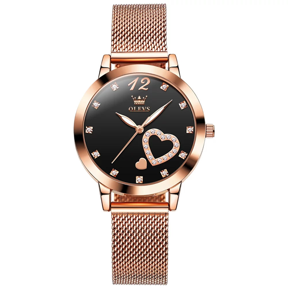 Olevs Elegant Women's Watch, Rose Gold Diamond Hearts Big Face Mesh Strap Fashion Dress Japanese Quartz Liquid Luminous Ladies Watches, Female Wristwatch, Gifts for Women