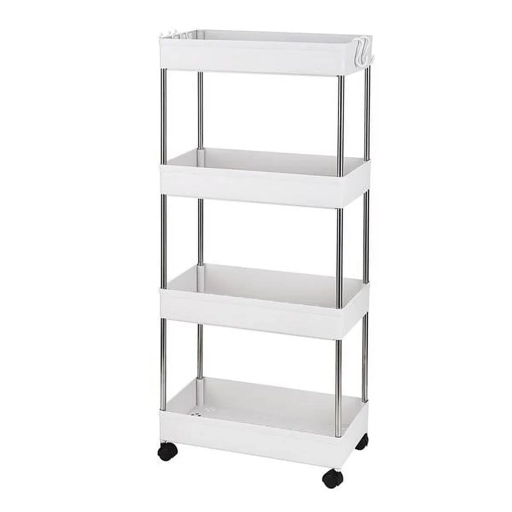 SYTHERS 4-Tier Rolling Storage Cart with 4 hooks, Utility Cart with Wheels, for Kitchen, Bathroom, Laundry Room, Plastic and Stainless Steel, White