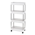 SYTHERS 4-Tier Rolling Storage Cart with 4 hooks, Utility Cart with Wheels, for Kitchen, Bathroom, Laundry Room, Plastic and Stainless Steel, White