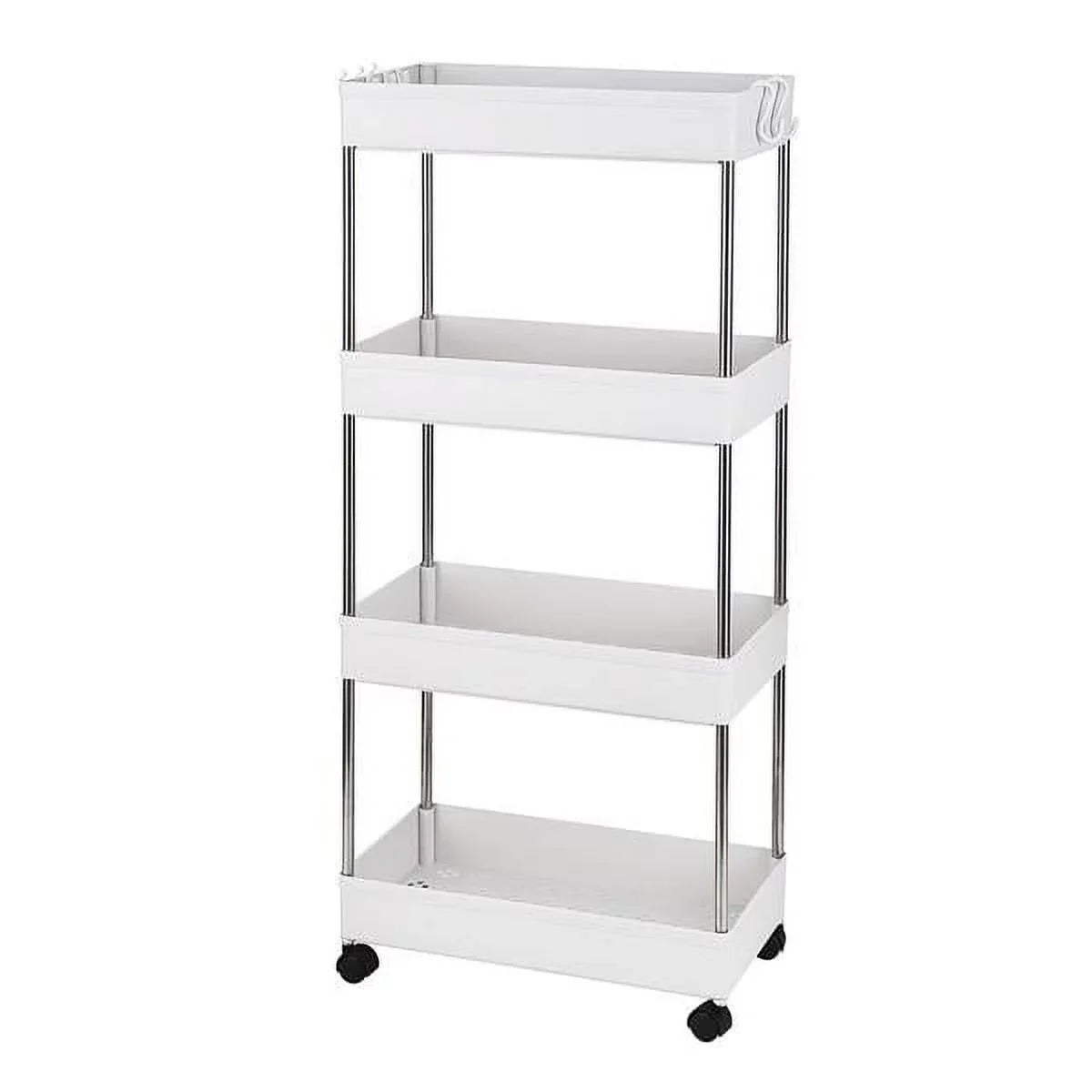 SYTHERS 4-Tier Rolling Storage Cart with 4 hooks, Utility Cart with Wheels, for Kitchen, Bathroom, Laundry Room, Plastic and Stainless Steel, White