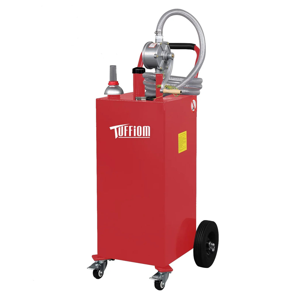 TUFFIOM 35 Gallon Gas Caddy With Wheels, Fuel Transfer Tank Gasoline Diesel Can Reversible Rotary Hand Siphon Pump, Fuel Storage Tank for Automobiles ATV Car Mowers Tractors, Red