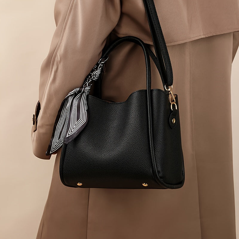 moocr Handbag With Scarf Accent PU Leather Elegant Shoulder Bag With Dual Handles For Daily Use Luxury Solid Color Crossbody Purse