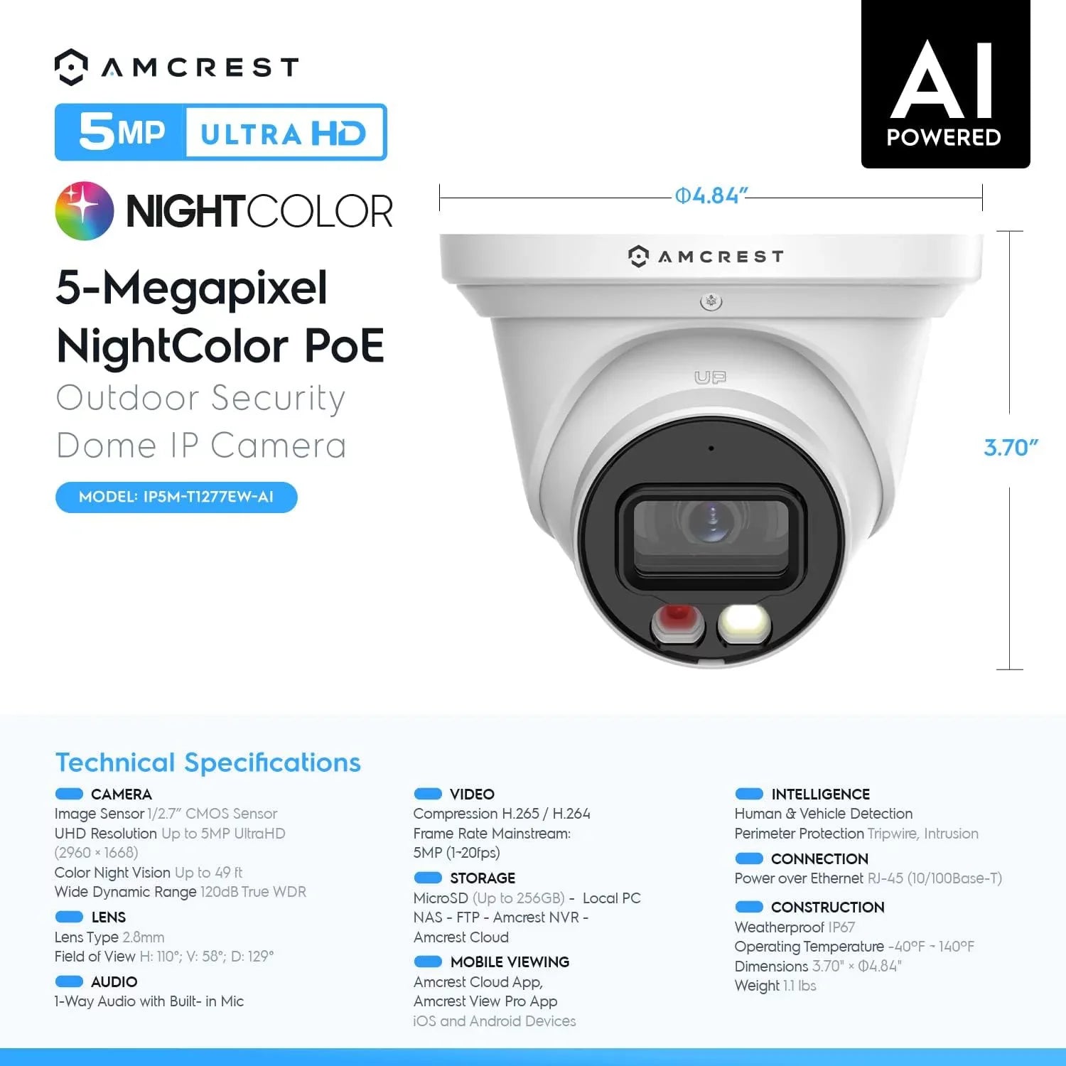Amcrest AI Turret IP PoE Camera w/ 164ft Nightvision, Security IP Camera Outdoor, Built-in Microphone, Human & Vehicle Detection, 129° FOV, 5MP@20fps IP5M-T1277EW-AI