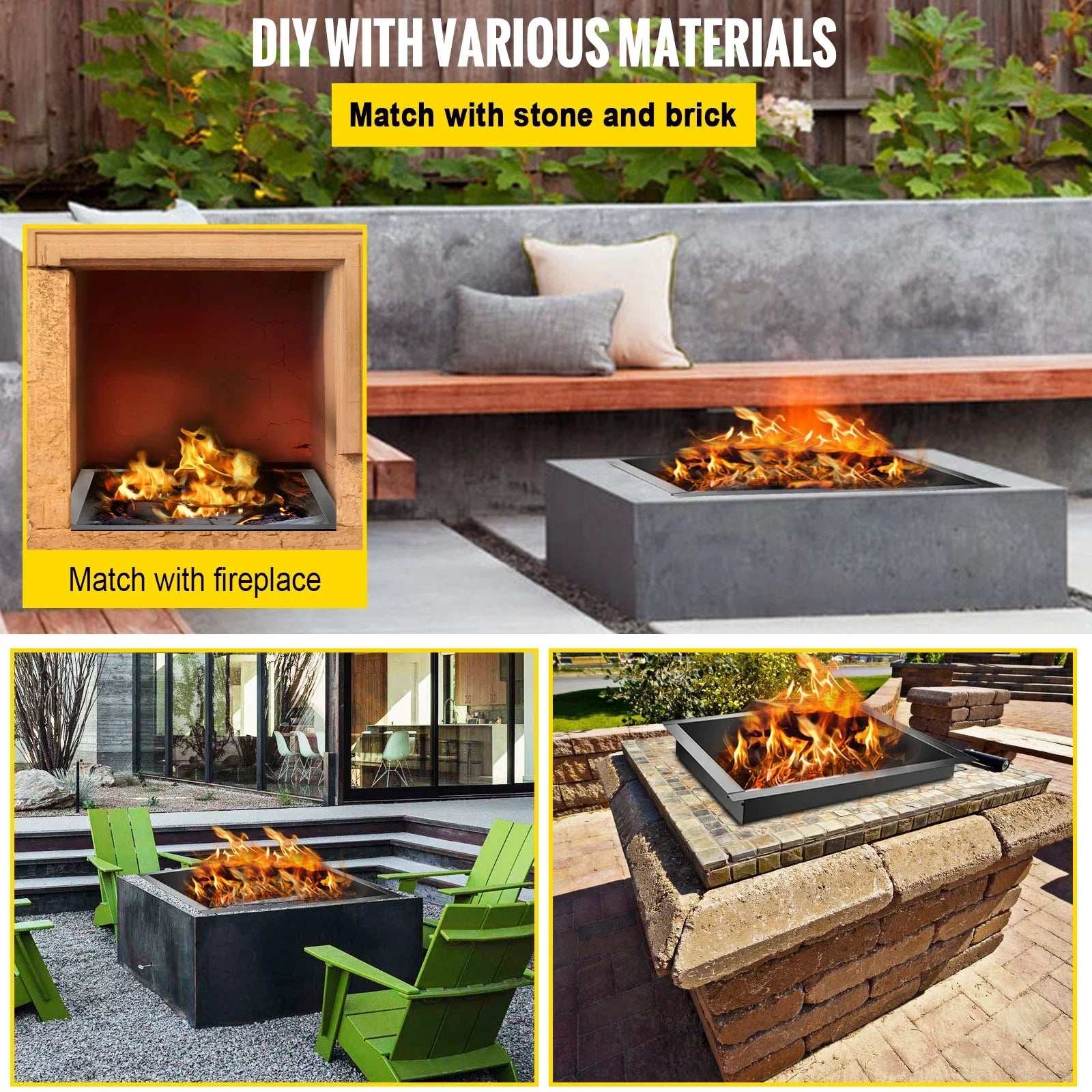 BENTISM Fire Pit Ring, 36" Square Fire Pit Insert, Heavy Duty Steel Fire Ring, DIY Bonfire Liner with Tongs Insert with Simple Installation for Outdoor, Patio, Backyard