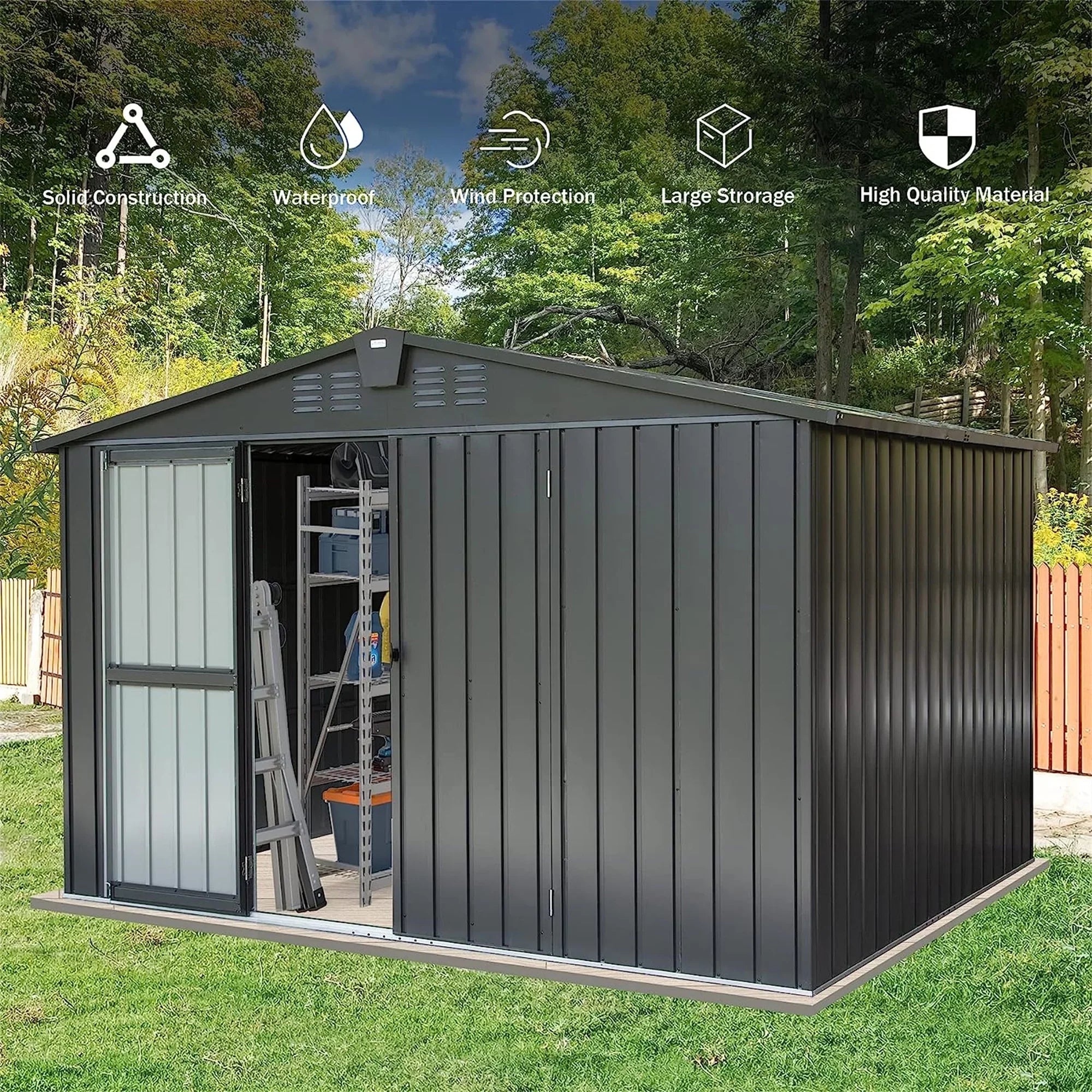 Homiyad Outdoor Storage Shed 10'X 8', Metal Garden Shed for Bike, Trash Can, Tools, Galvanized Steel Outdoor Storage Cabinet with Lockable Door for Backyard, Patio, Lawn (10X8ft, Black)