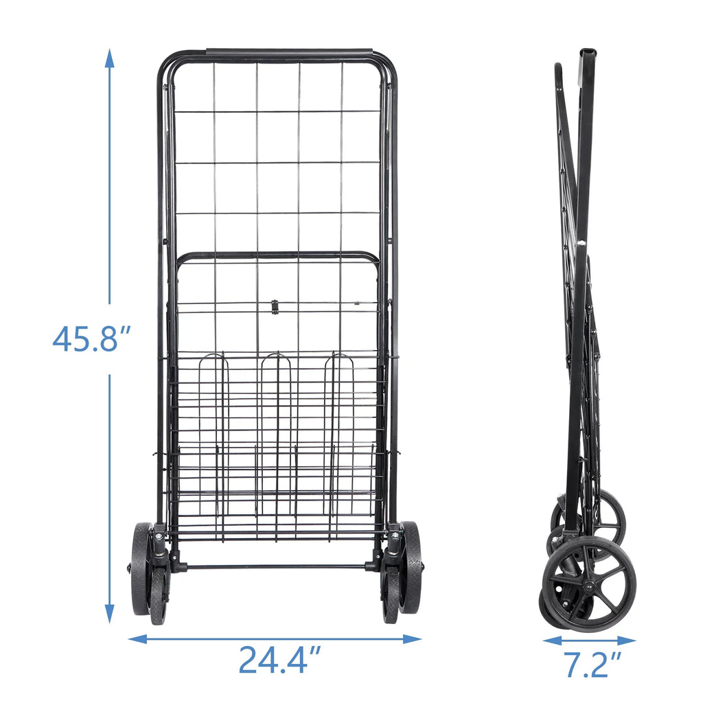 ZENY Folding Utility Shopping Cart with Double Basket and Wheels for Grocery Laundry Book Luggage Travel, Black