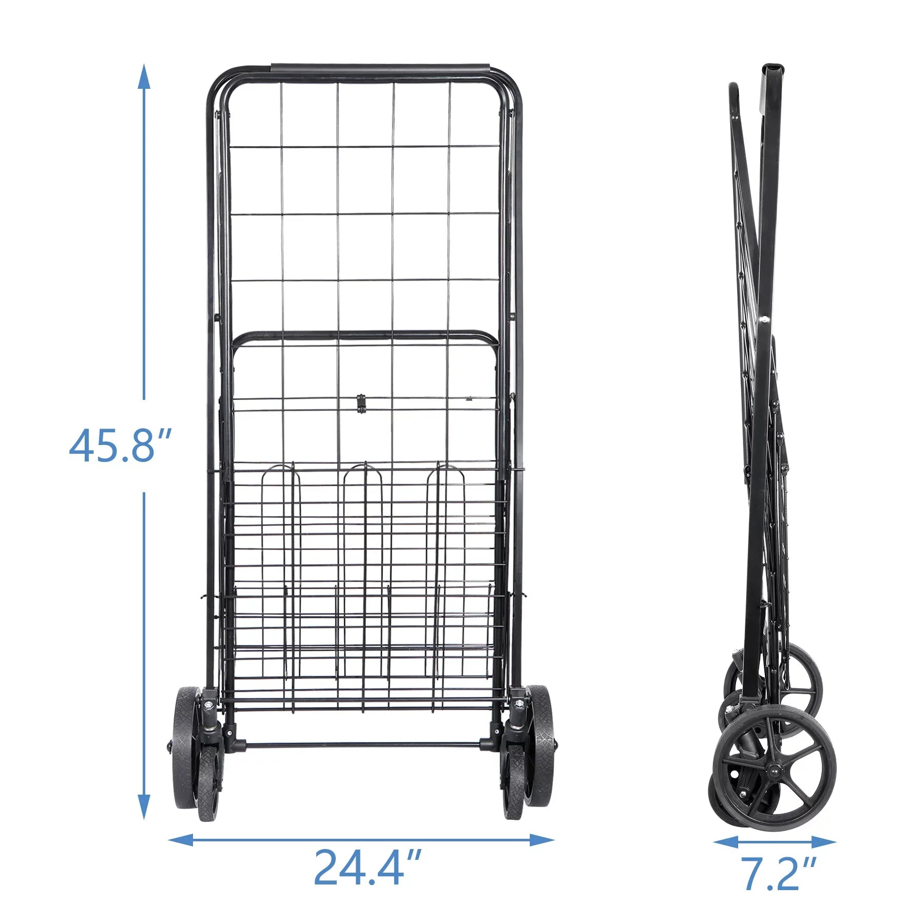 ZENY Folding Utility Shopping Cart with Double Basket and Wheels for Grocery Laundry Book Luggage Travel, Black