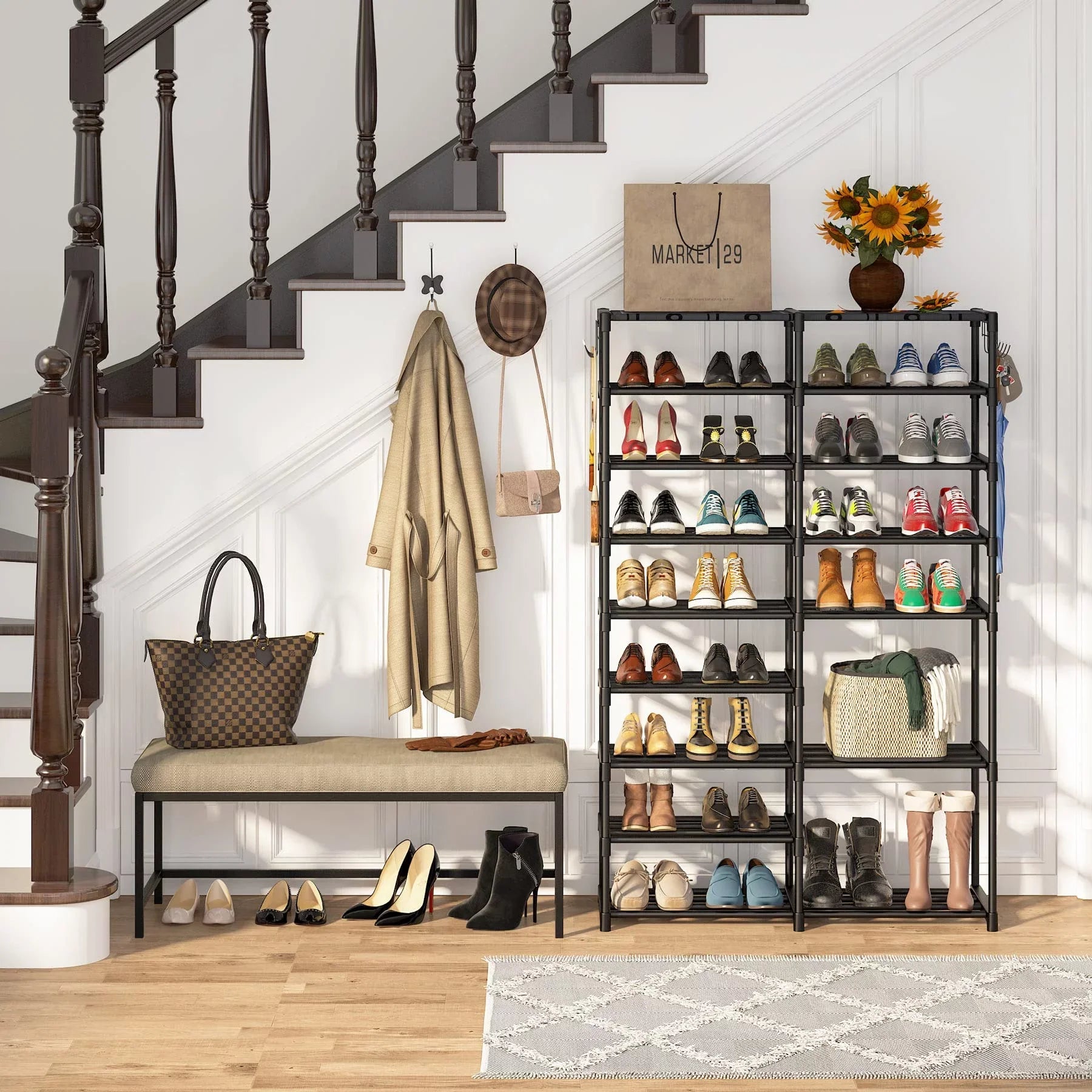 Fiuion Shoe Rack Organizer 9 Tiers Shoe Storage Shelf 32-40 Pairs Shoe Stand for Closet Boot Organizer with 2 Hooks Removable Dustproof Large Stackable Shoe Tower for Shoe Boot Storage, Black