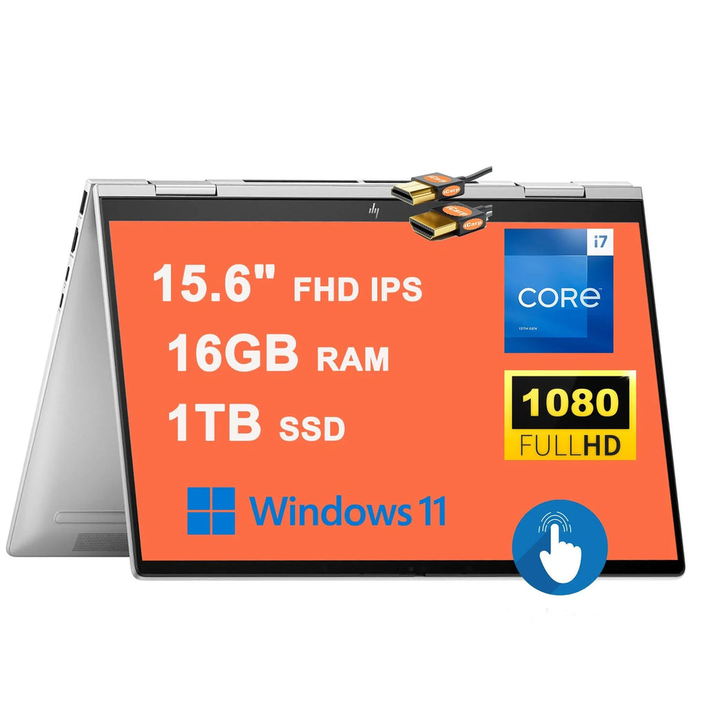 Envy X360 15 2-in-1 Portable computer 15.6" FHD IPS Display 13th Gen 10-Core i7-1355U 16GB RAM 1TB SSD Iris Xe Graphics Backlit Thunderbolt USB-C HDMI B&O Win11 Silver + HDMI Cable