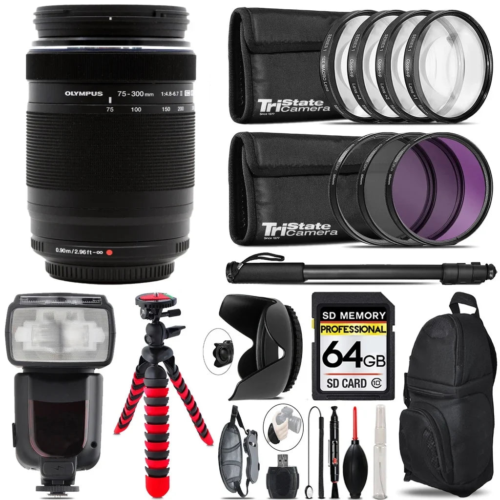 Olympus M.Zuiko Digital ED 75-300mm f/4.8-6.7 II Lens+ 7 Piece Filter & More - 64GB Accessory Kit