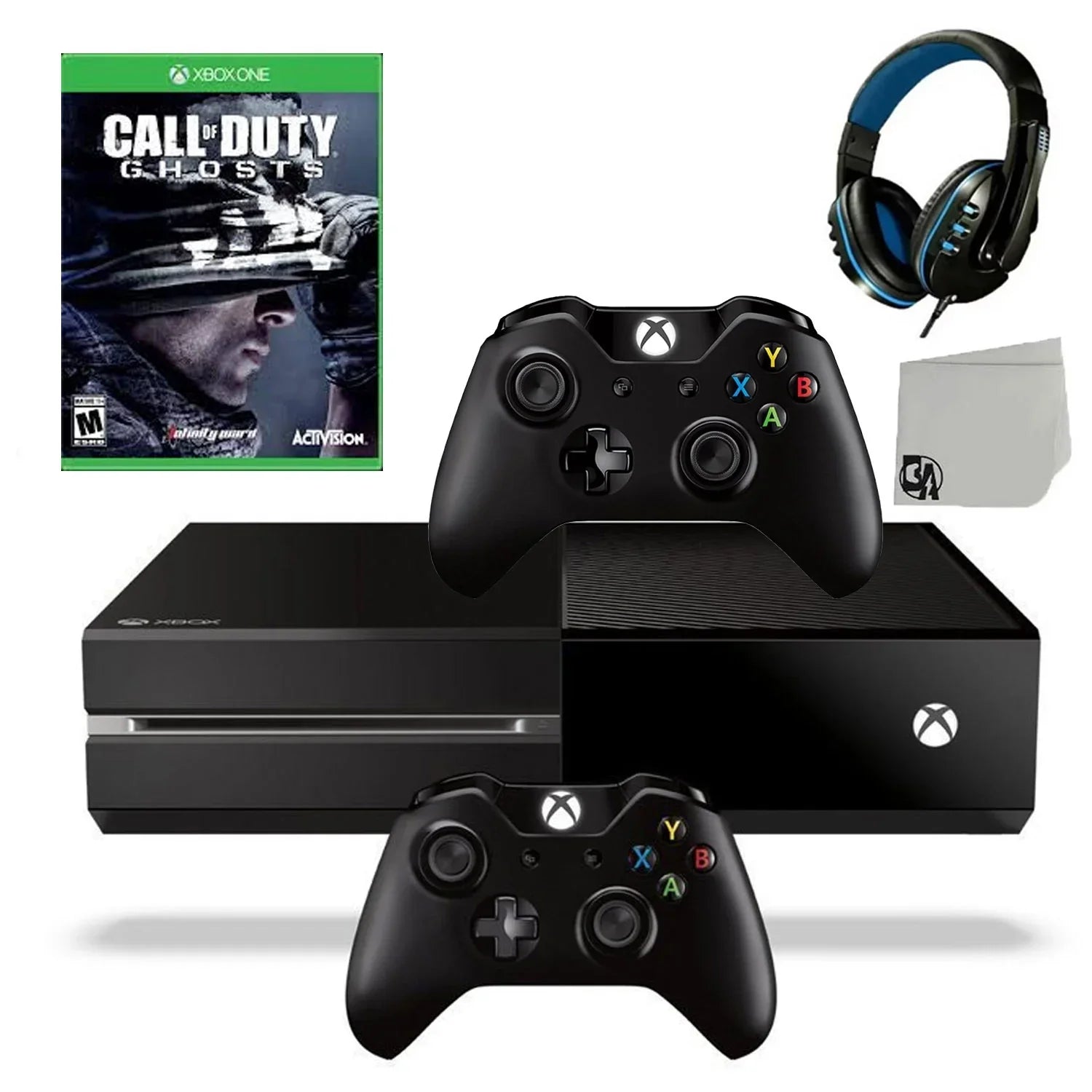 Xbox One Original 500GB Gaming Console Black Headset 2 Controller Included With Call of Duty Ghosts Game BOLT AXTION Bundle Like New