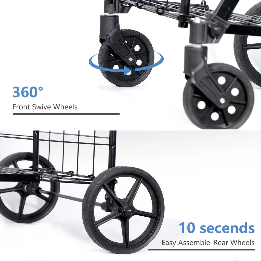 ZENY Folding Utility Shopping Cart with Double Basket and Wheels for Grocery Laundry Book Luggage Travel, Black