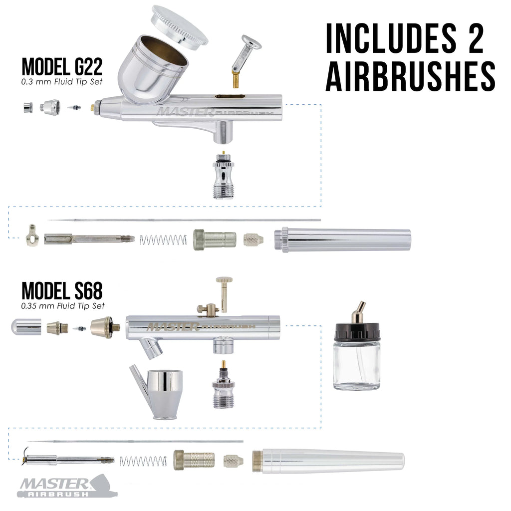 Professional Master G22, S68, E91 Airbrush Kit with Master Compressor TC-20, Air Hose & 6 Wicked Createx Colors