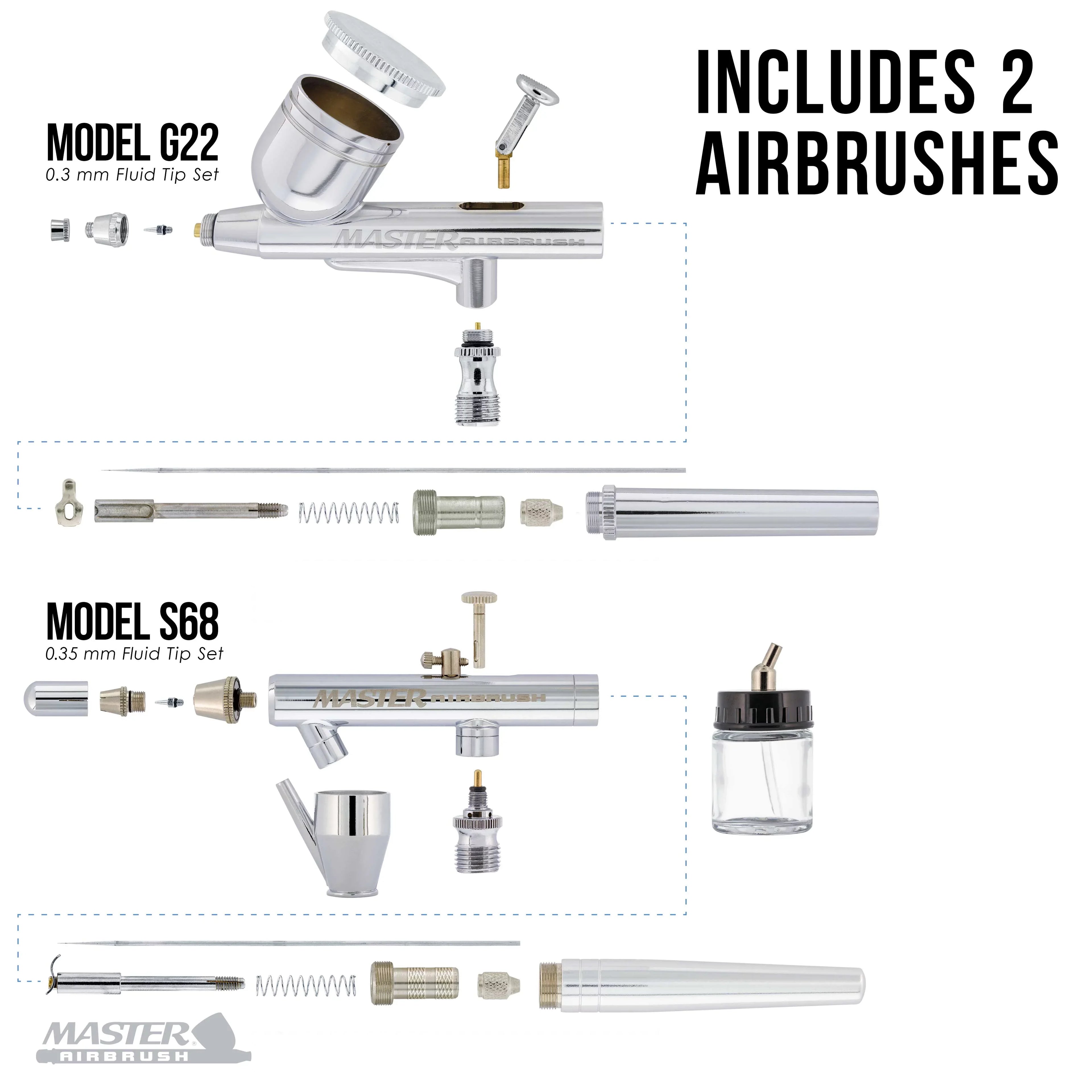 Professional Master G22, S68, E91 Airbrush Kit with Master Compressor TC-20, Air Hose & 6 Wicked Createx Colors