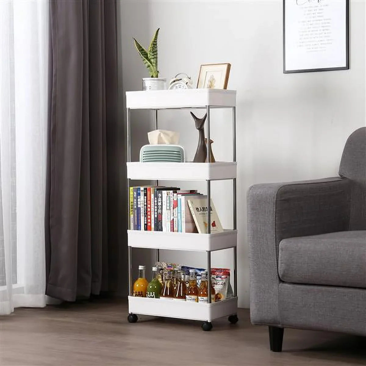 SYTHERS 4-Tier Rolling Storage Cart with 4 hooks, Utility Cart with Wheels, for Kitchen, Bathroom, Laundry Room, Plastic and Stainless Steel, White