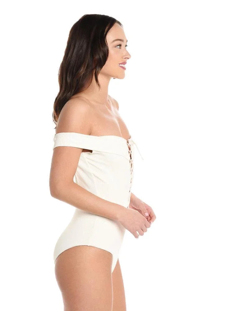 L*Space CREAM Ridin' High Anja Lace-Up Bandeau One Piece Swimsuit, US 12