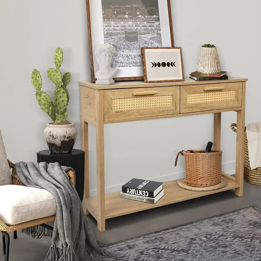 Console Table with 2 Drawers, Entrance Table with Open Storage Rack, Minimalist Style Table for Office, Bedroom, and Restaurant