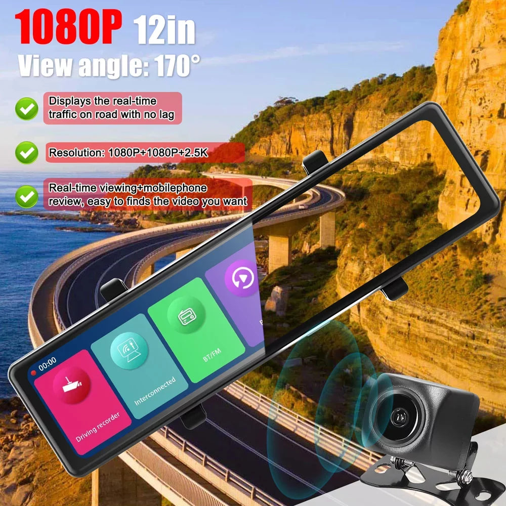 OWSOO 3 Cameras Dash Cam 12in 2.5K Clear Car Rearview Mirror Car Video Recording Touched Display Car Recorder Carplay Auto Driving Recorder