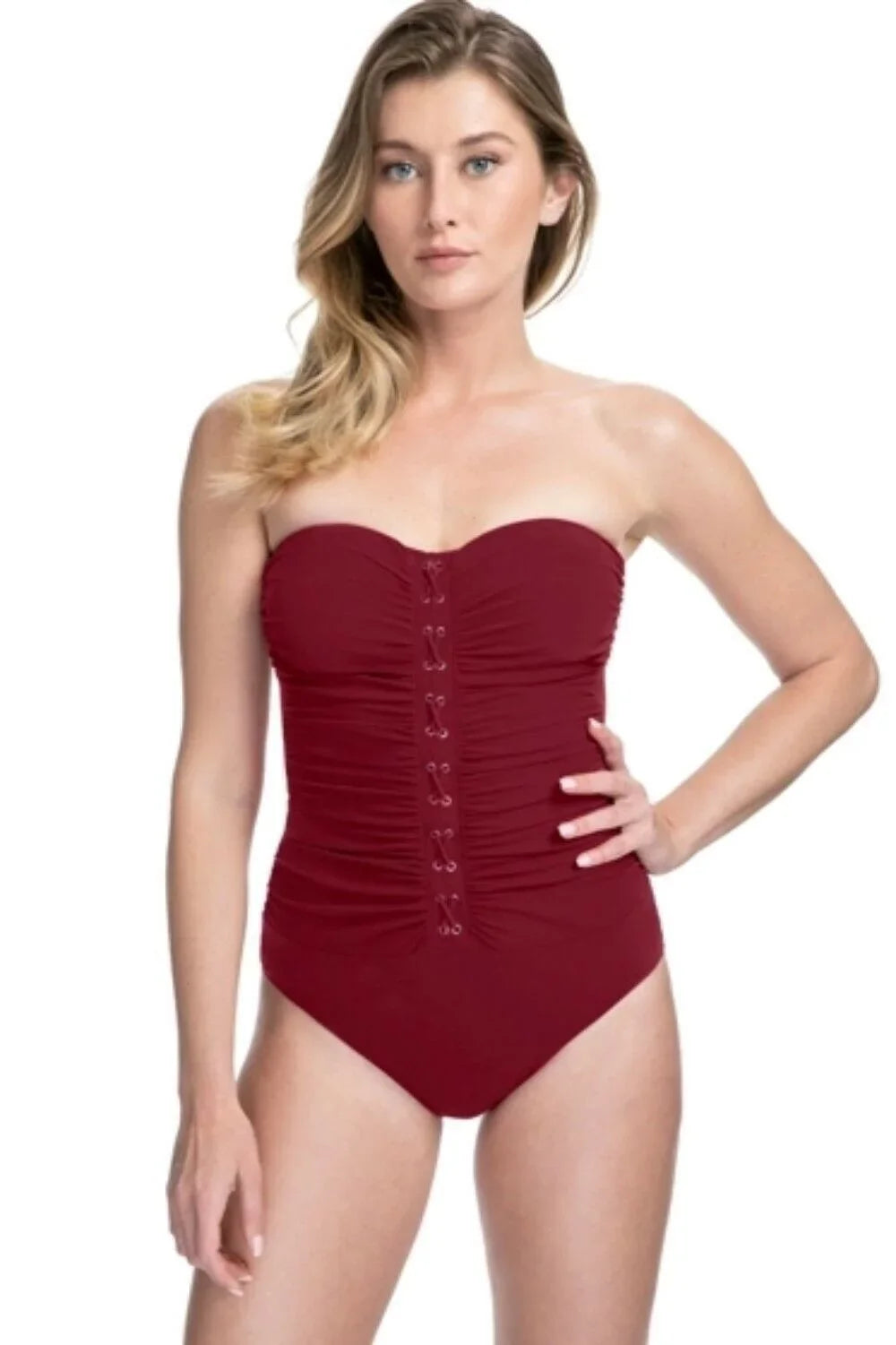 Gottex Women's Swimwear Lace-Up Moto Bandeau One-Piece Swimsuit Red 42, $128 NWT