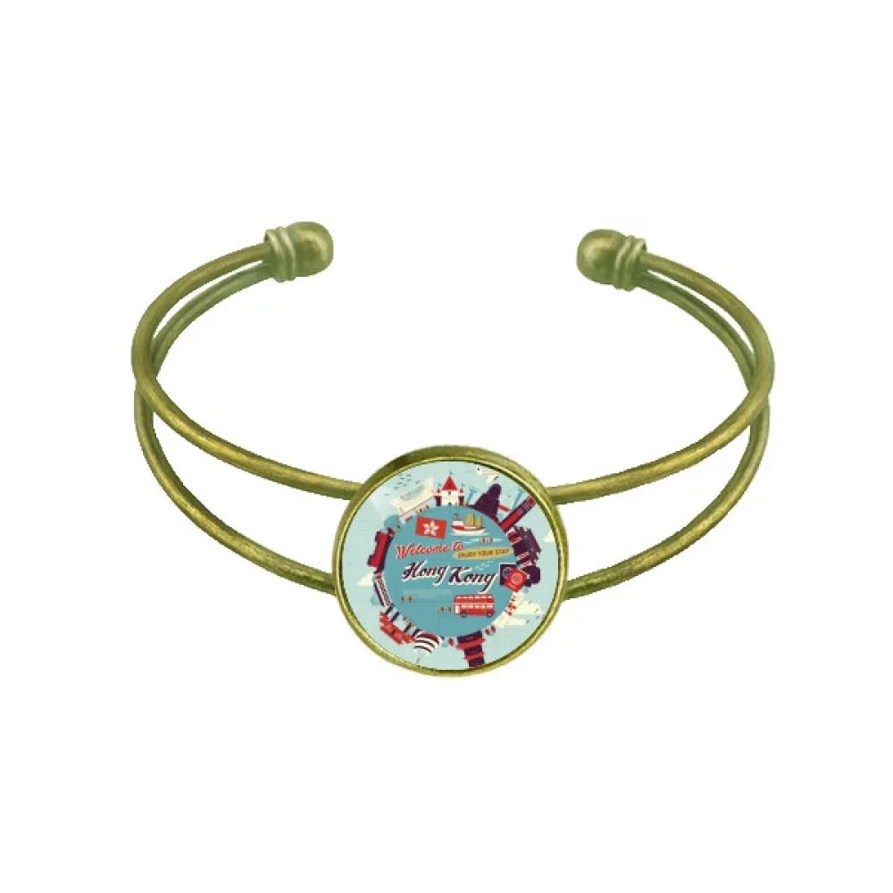 Hong Kong Circle Famous Places Bracelet Bangle Retro Open Cuff Jewelry