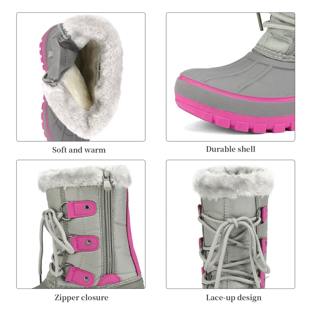 Dream Pairs Boys Girls Toddler Kids Ankle Winter Snow Boots Faux Fur-Lined Soft Boots Shoes Warm FORESTER GREY/FUCHSIA Size 5 Big Kid