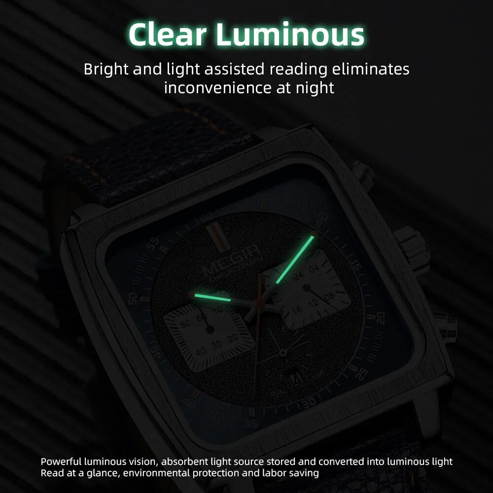 KingFurt MEGIR Liquid Blue Square Dial Quartz Watch - Luminous, Date Display - Men's Leather Watch