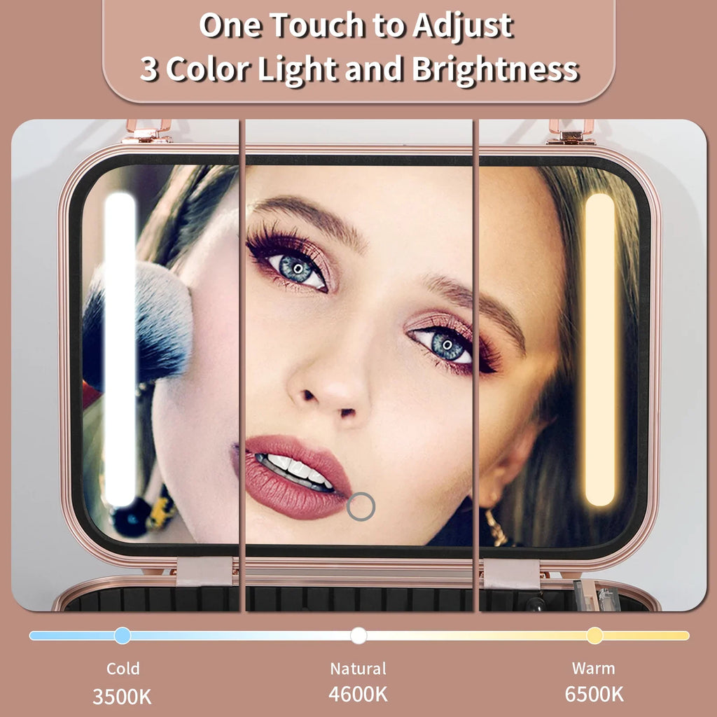 ZXMT 15" Pink Makeup Train Case with Mirror & Light & Jewelry Organizer Cosmetic Case Box with Brushes Board
