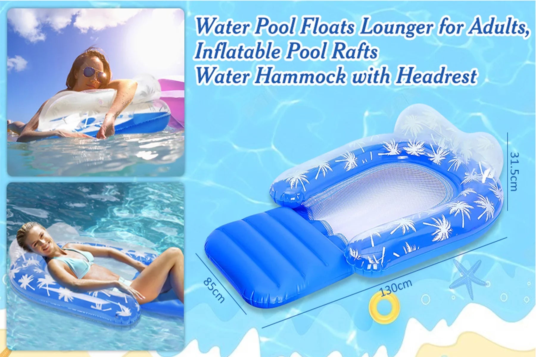 2 Pack Inflatable Pool Chair Float for Adults with Headrest Comfortable Contour Design Perfect for Relaxation, Pool Parties, and Beach Lounging
