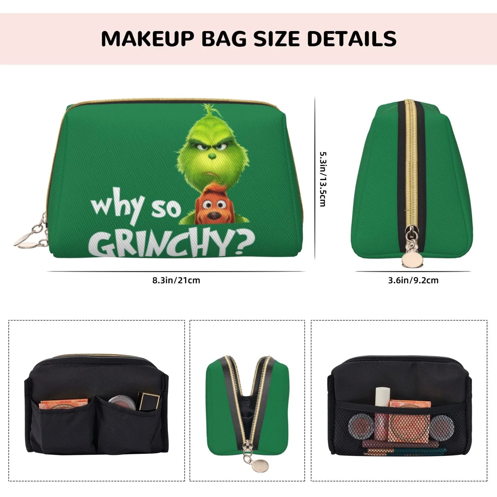 Funny Grinch Cosmetic Bag Makeup Organizer Leather Portable Pouch Gift Travel Toiletry Bag Storage Purse