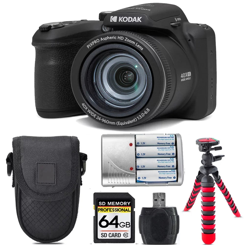 Kodak PIXPRO AZ405 Digital Camera (Black) + Extra Battery +Tripod + Case -64GB Kit
