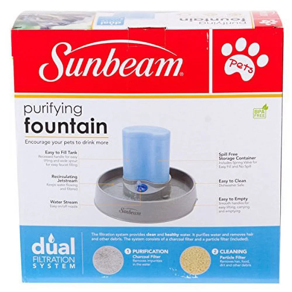 Sunbeam Pets Cat Dog Animal Purifying Fluid Fountain Dual Filtration System 1.3 Gallon Dishwasher Safe