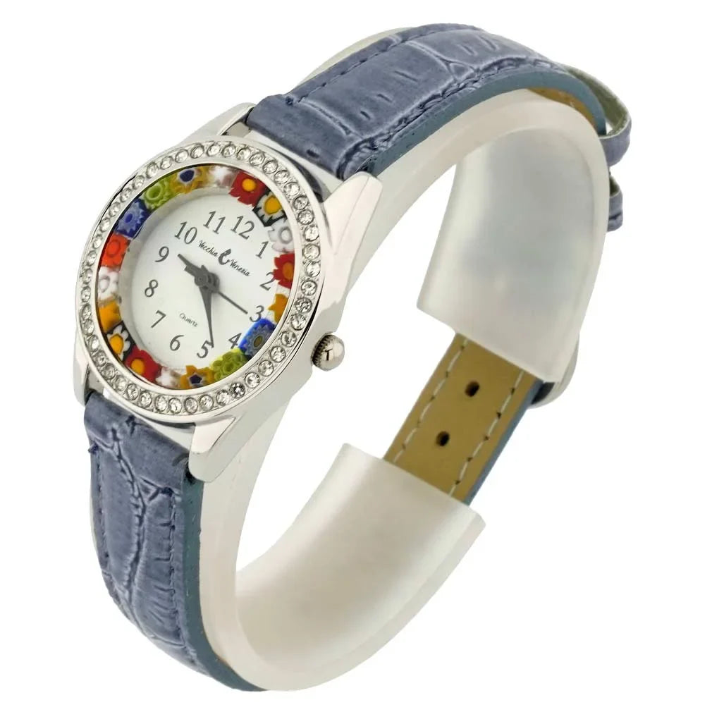 GlassOfVenice Murano Glass Watch Millefiori And Crystals With Leather Band - Light Blue