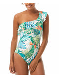 VINCE CAMUTO SWIM Women's Green Tropical Print Removable Cups Lined Ruffled One Shoulder One Piece Swimsuit 6