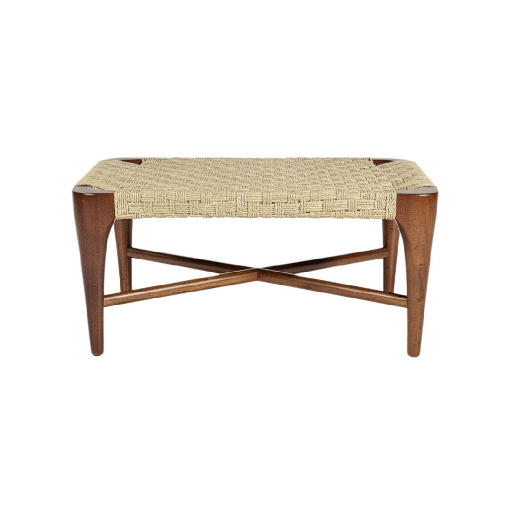 Mid-Century Modern Wooden Stool with Woven Seat