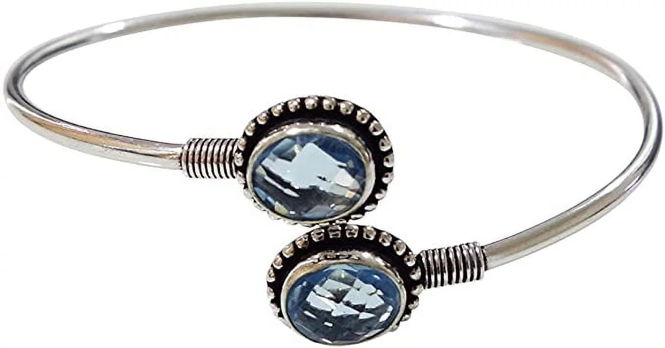 Blue Topaz Gemstone Adjustable Fashion Bracelet for Women, Ethnic Modern Design Silver Plated Cuff Bracelet, Handmade Designer Party Jewelry, November Birthstone