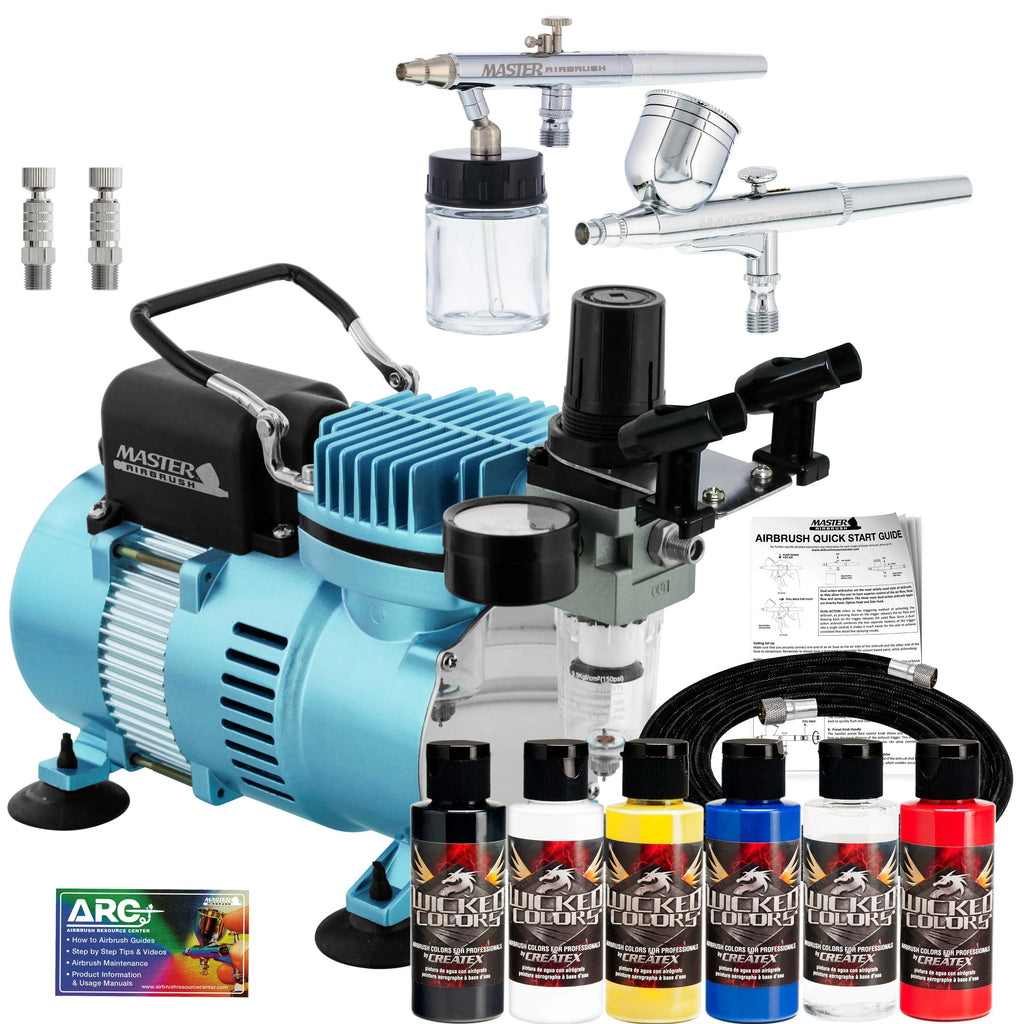 Professional Master G22, S68, E91 Airbrush Kit with Master Compressor TC-20, Air Hose & 6 Wicked Createx Colors